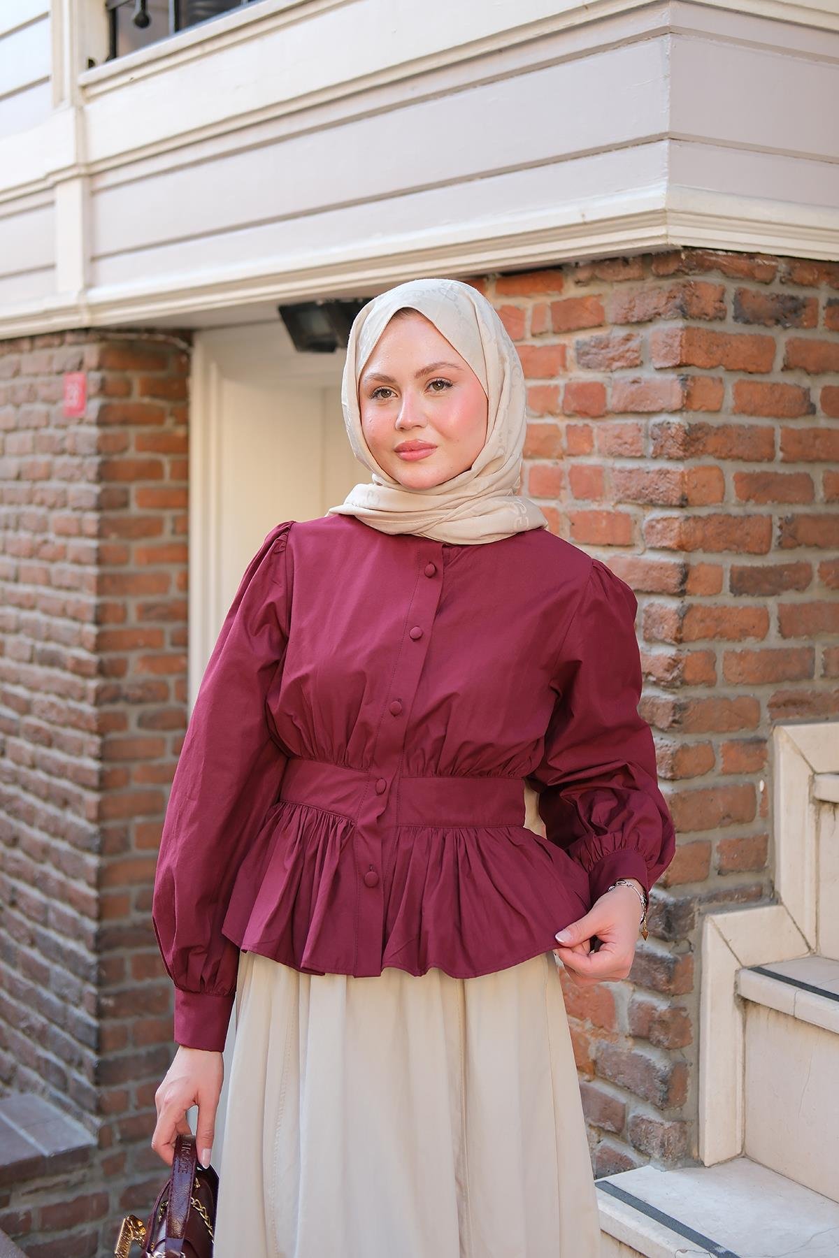 Beli Büzgü Detaylı Gömlek Bordo