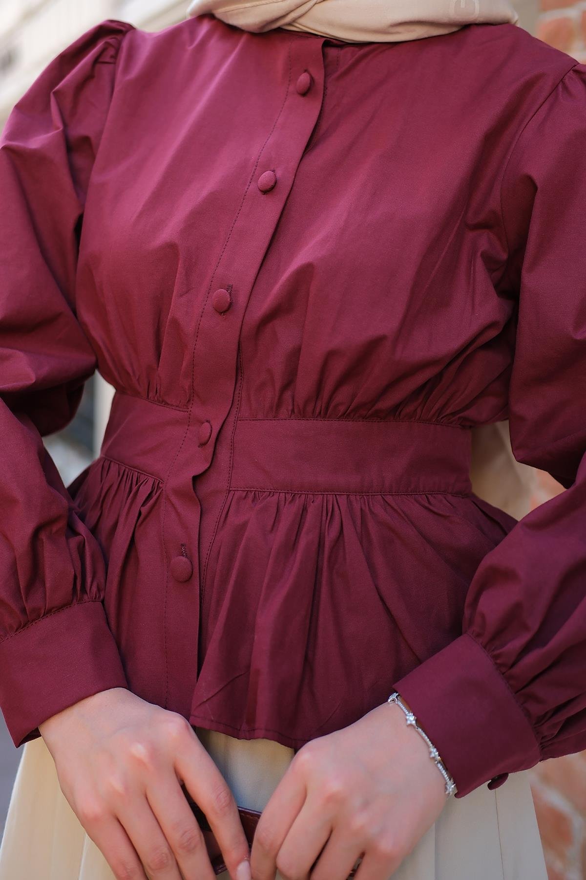 Beli Büzgü Detaylı Gömlek Bordo