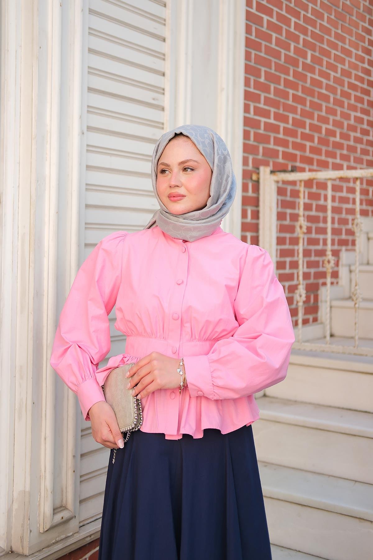Beli Büzgü Detaylı Gömlek Pembe