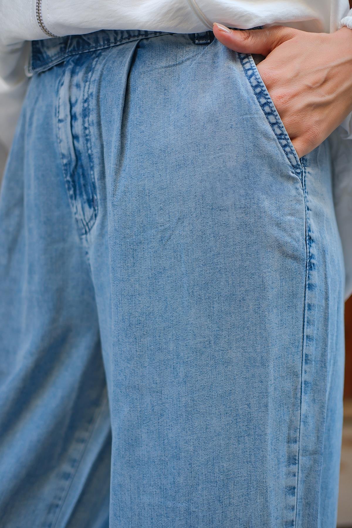 Beli Cırtılı Kot  Pantolon Buz Mavi