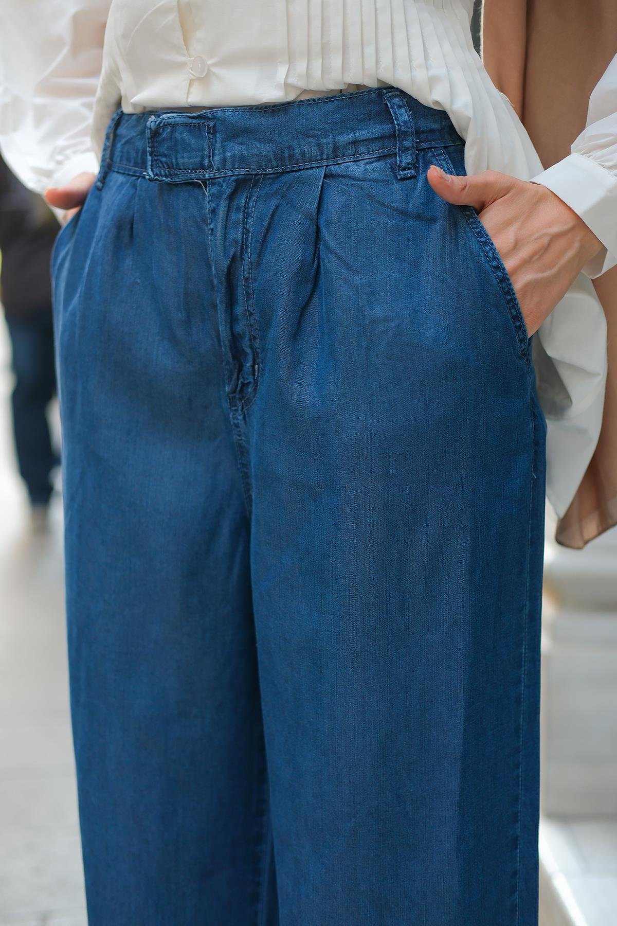 Beli Cırtılı Kot  Pantolon Koyu Mavi