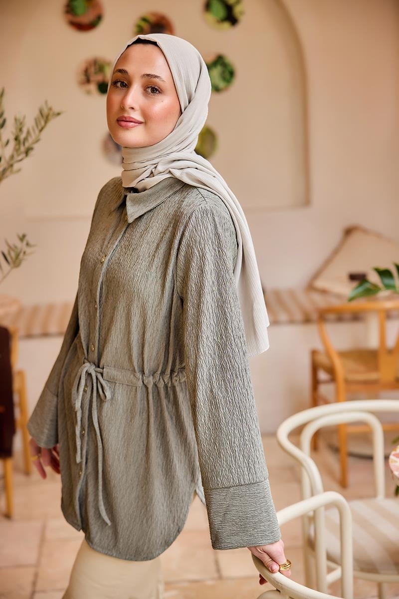 Beli Kemerli Damla Gömlek Küf Yeşil