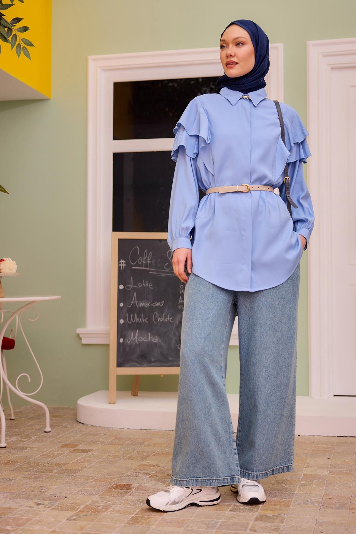 Beli Lastikli Cepli Bol Paça Pantolon Buz Mavi