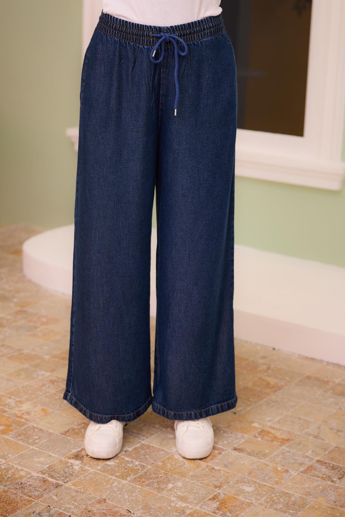 Beli Lastikli Cepli Bol Paça Pantolon Koyu Mavi