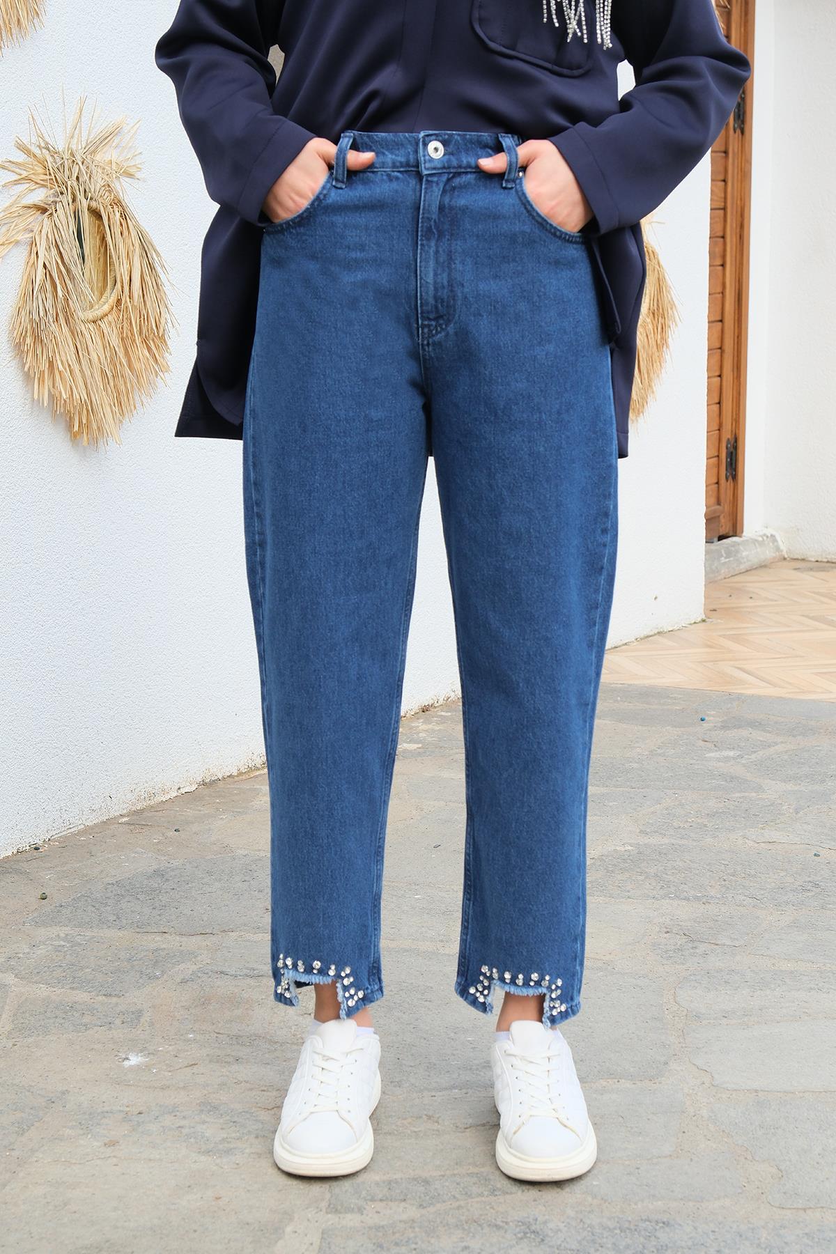 Beli Lastikli Paçası Taşlı Bol Paça Pantolon Mavi