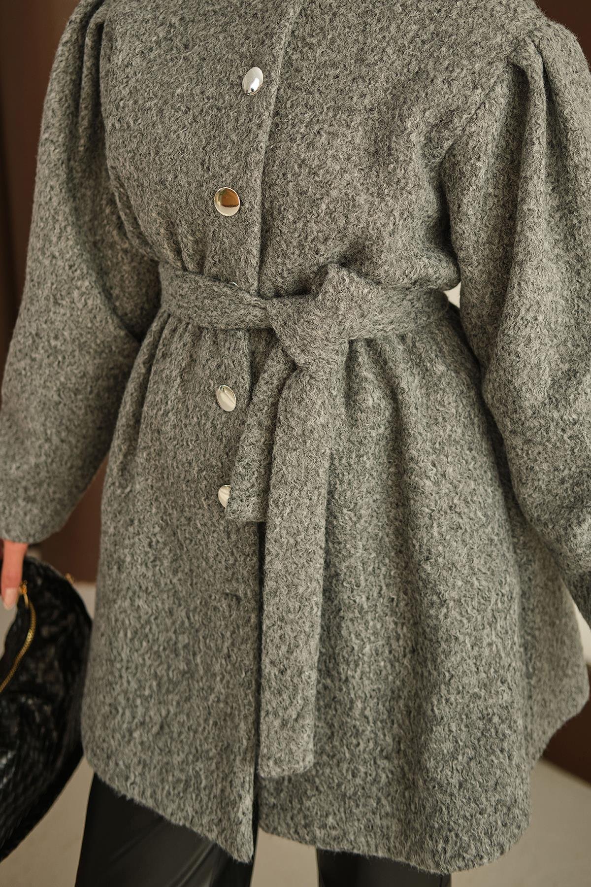 Beli Lastikli Peluş Kaşe Kaban Gri