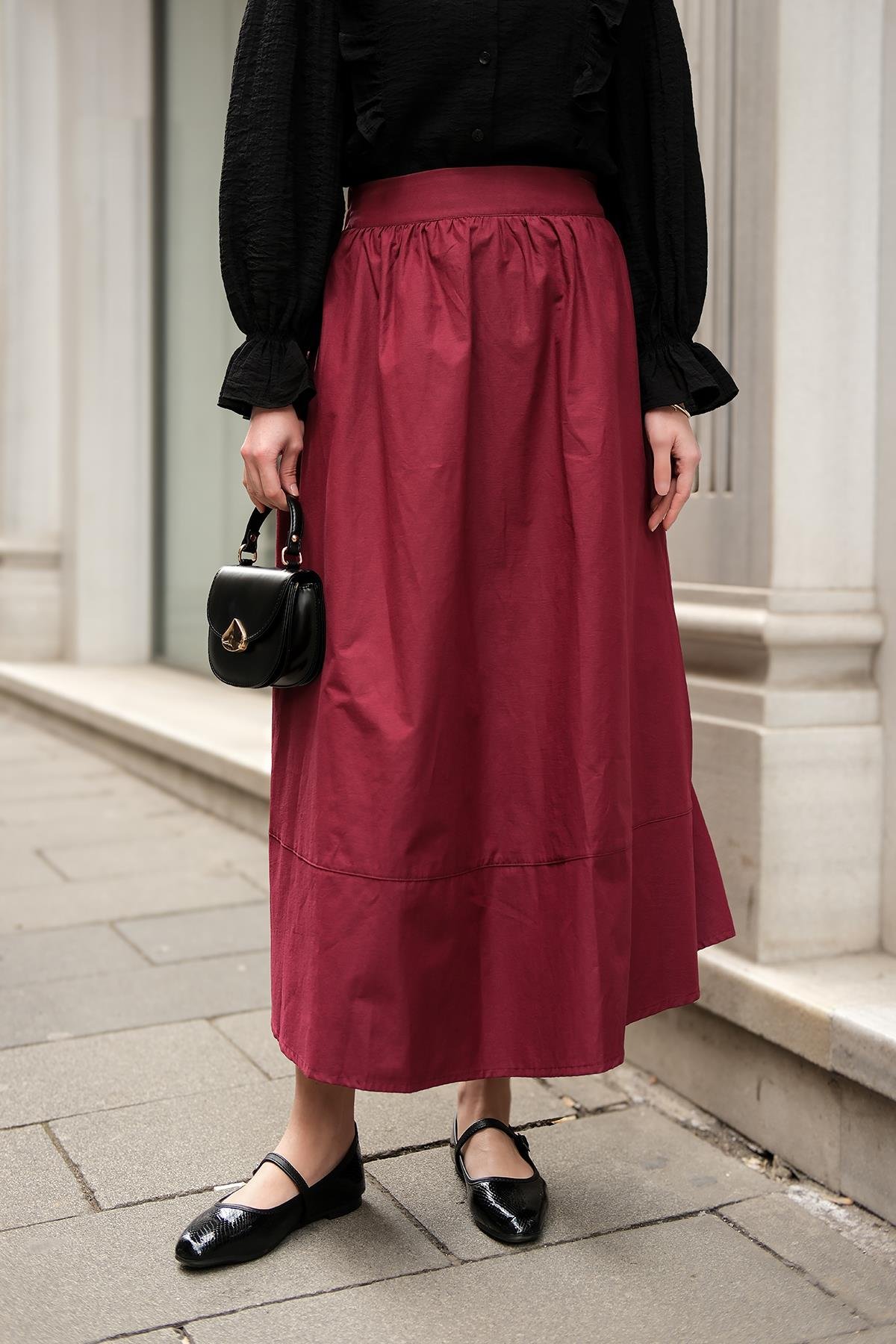 Beli Lastikli Poplin Etek Bordo