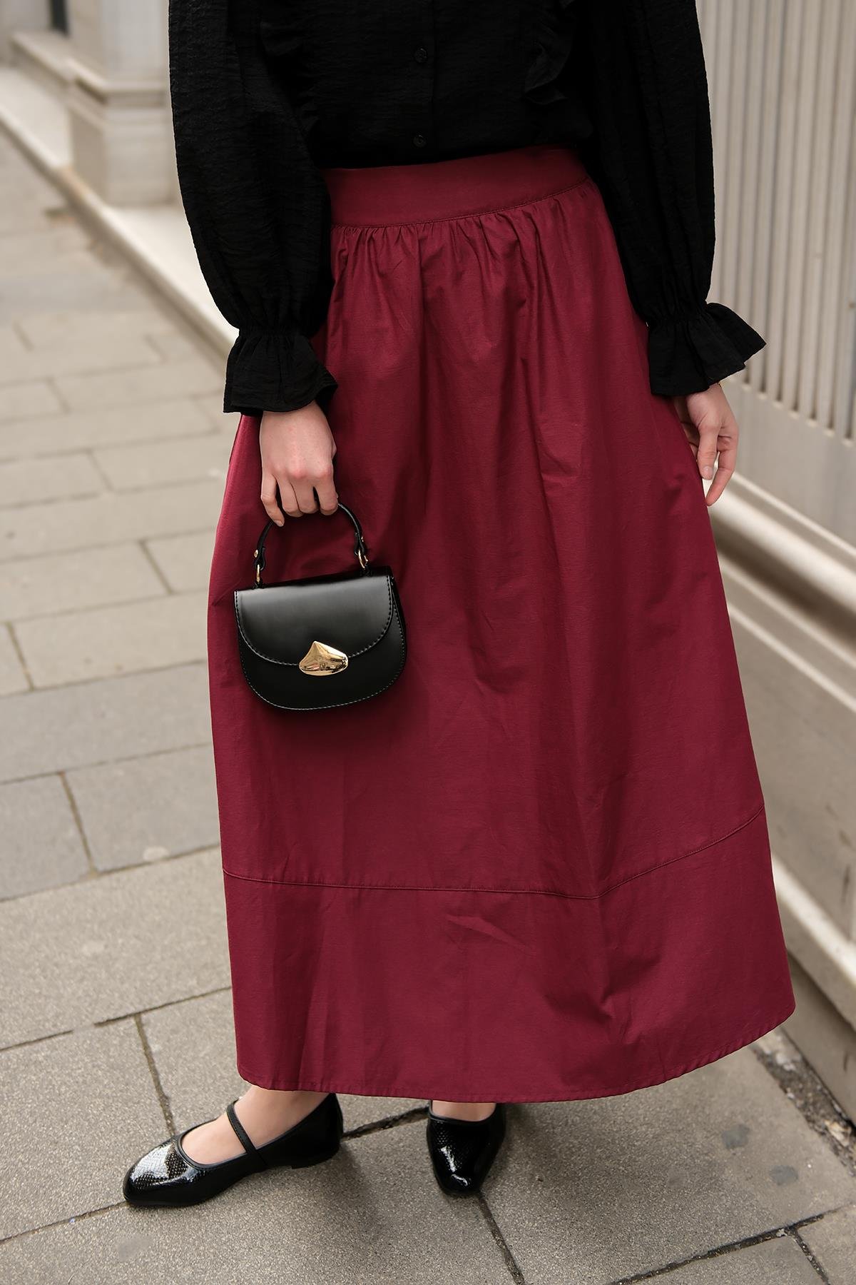 Beli Lastikli Poplin Etek Bordo