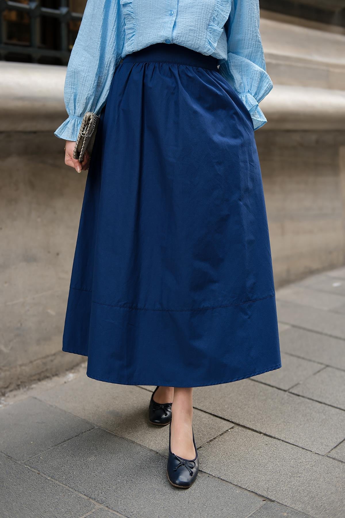 Beli Lastikli Poplin Etek Lacivert