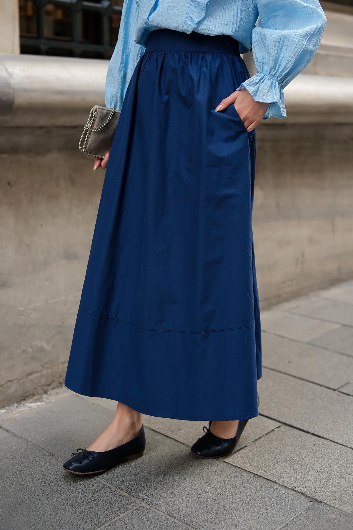 Beli Lastikli Poplin Etek Lacivert