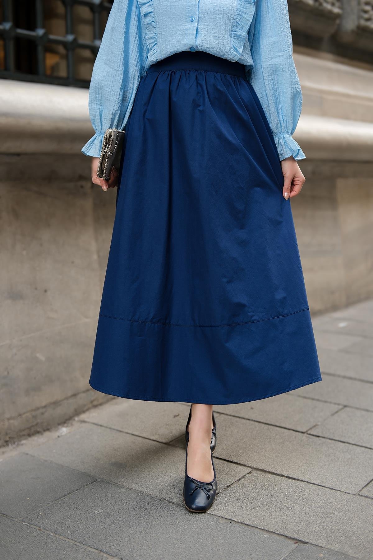 Beli Lastikli Poplin Etek Lacivert