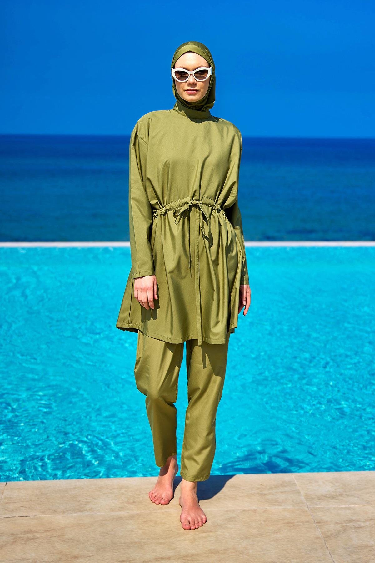 Beli Lastikli Tesettür Mayo Yeşil