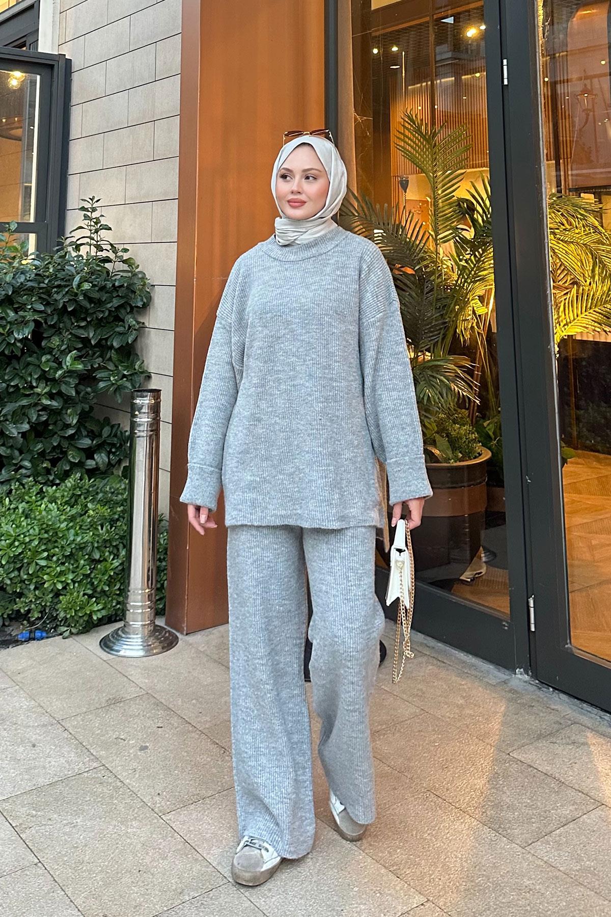 Beli Lastikli Triko Takım Gri