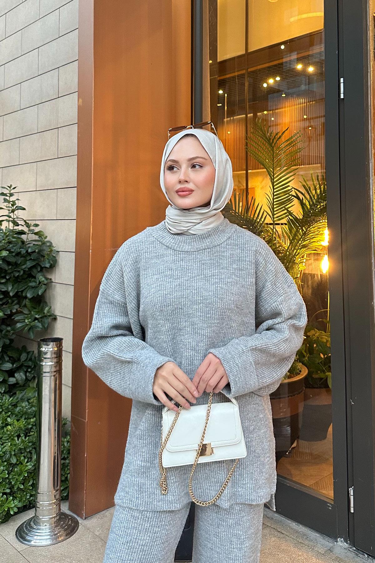 Beli Lastikli Triko Takım Gri