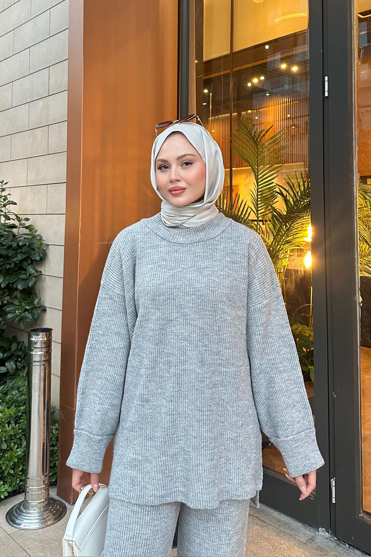 Beli Lastikli Triko Takım Gri