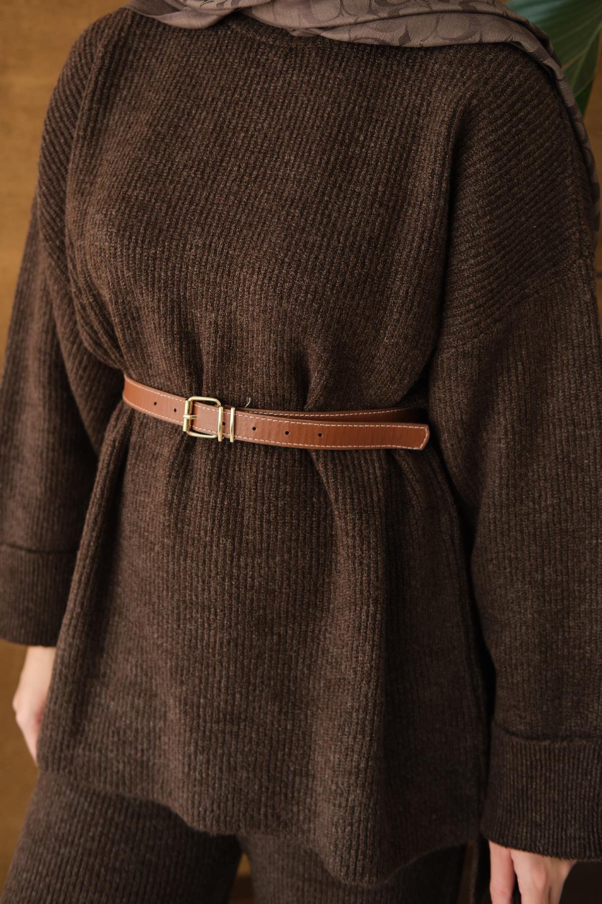 Beli Lastikli Triko Takım Kahverengi