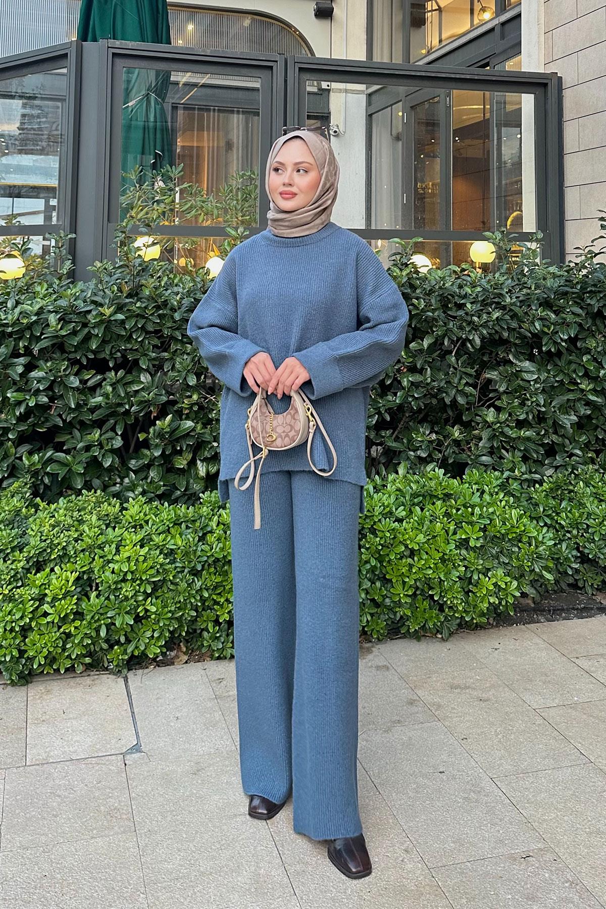 Beli Lastikli Triko Takım Mavi