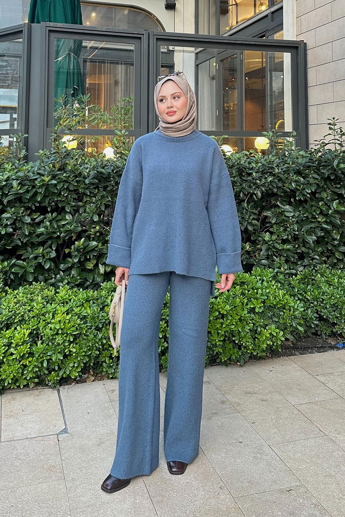 Beli Lastikli Triko Takım Mavi