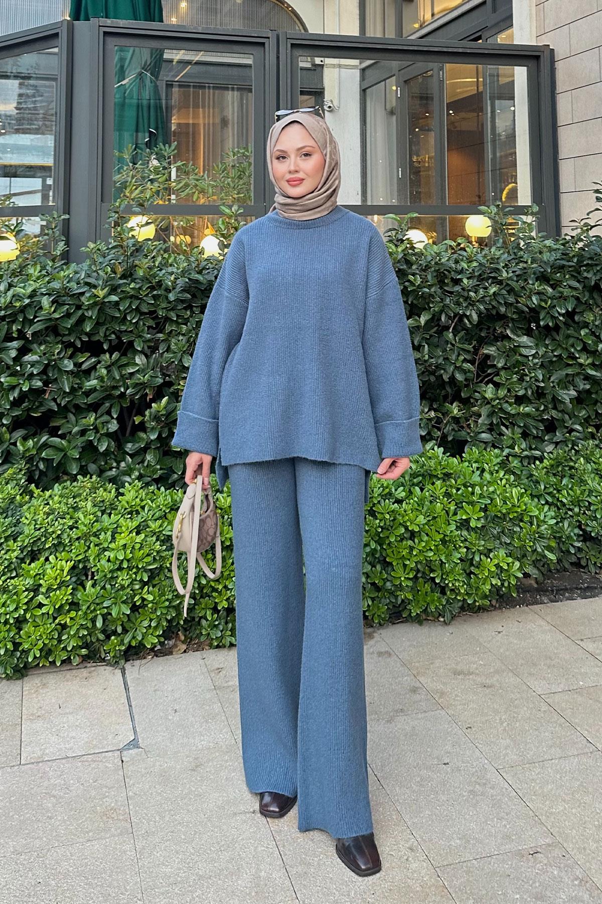 Beli Lastikli Triko Takım Mavi