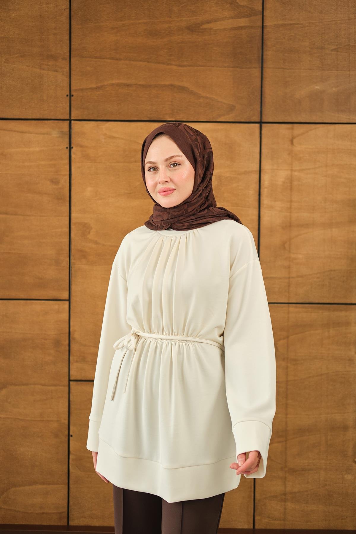 Beli Lastikli Tunik Krem