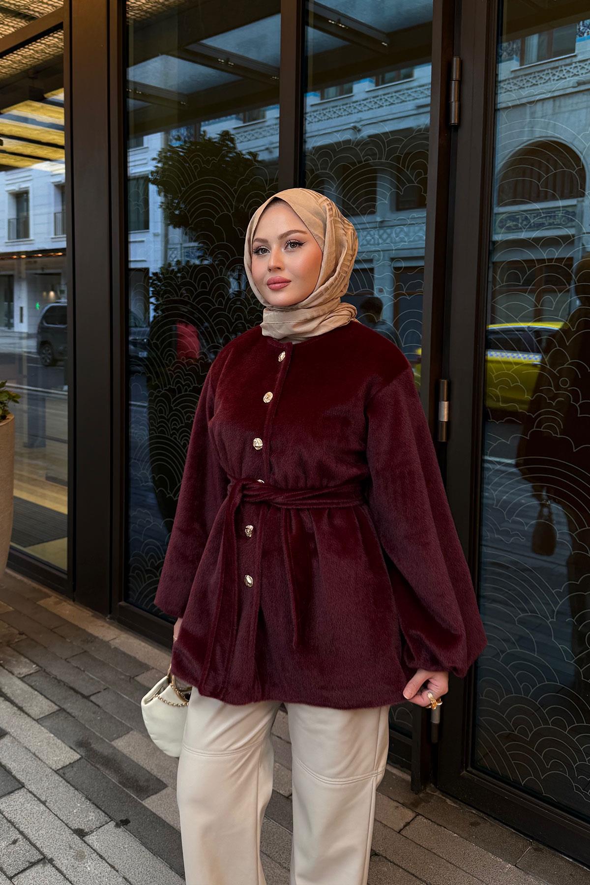 Beli Lastikli Tüylü Ceket Bordo