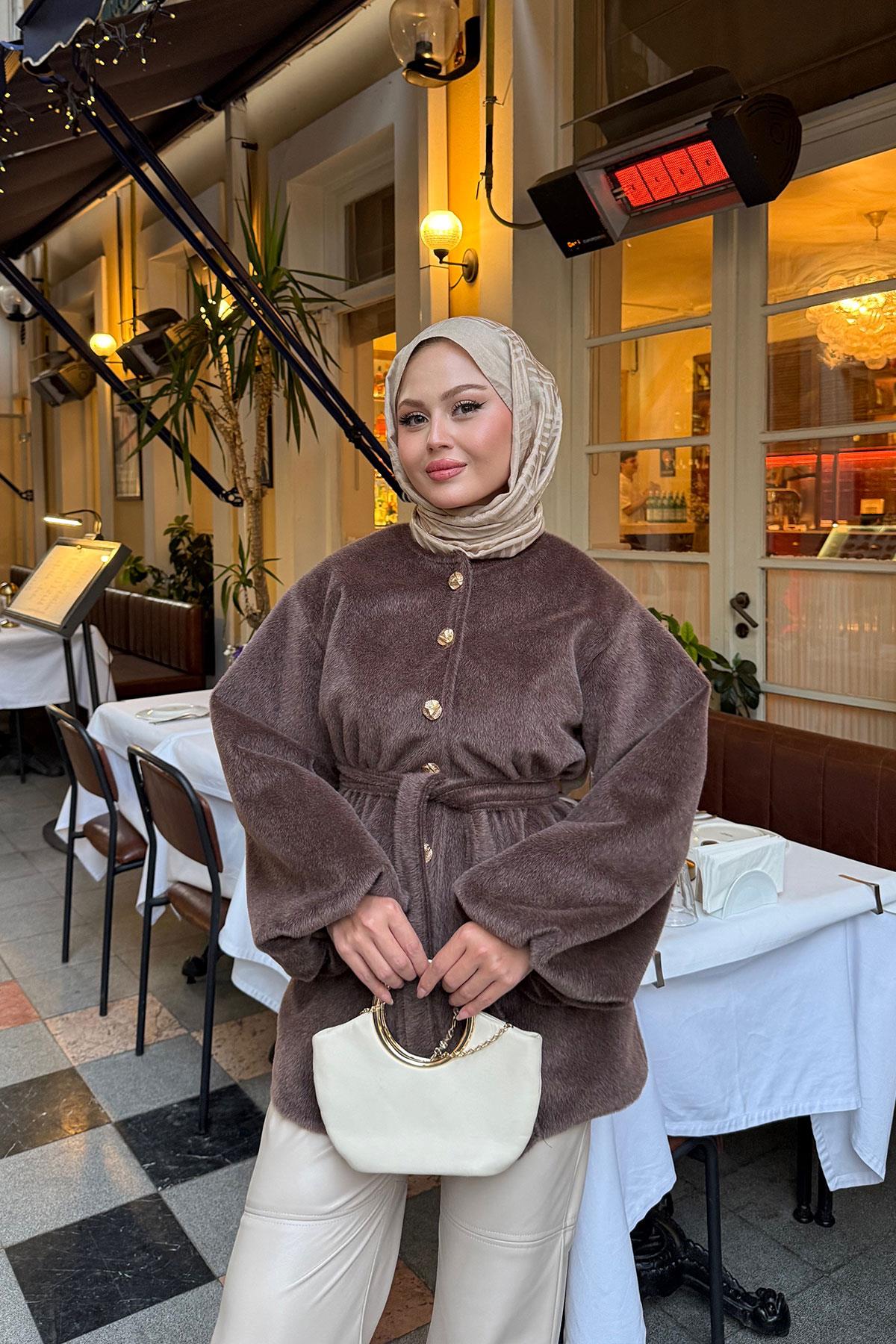 Beli Lastikli Tüylü Ceket Kahverengi