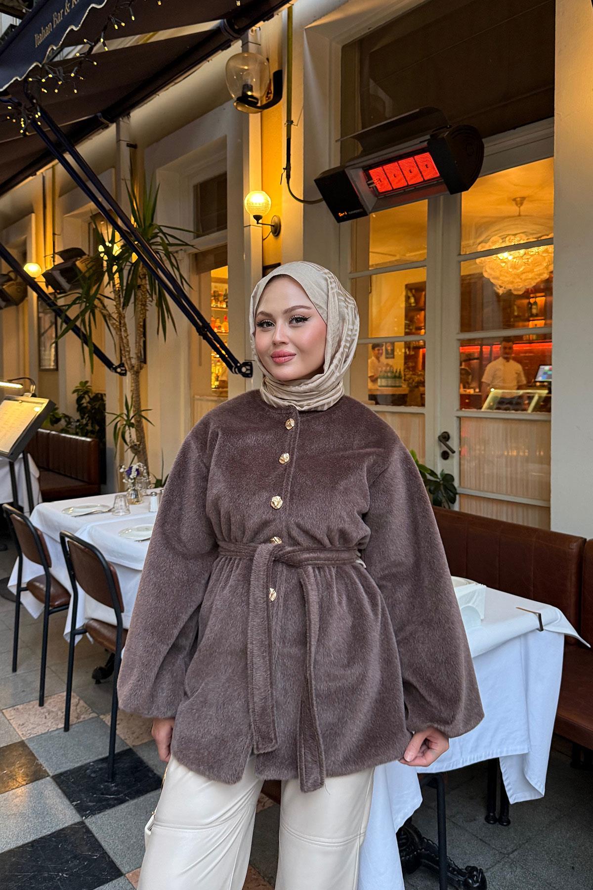 Beli Lastikli Tüylü Ceket Kahverengi