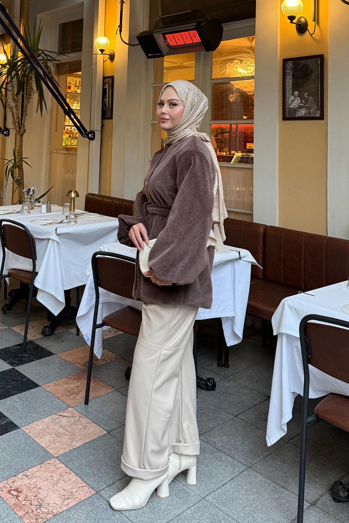 Beli Lastikli Tüylü Ceket Kahverengi