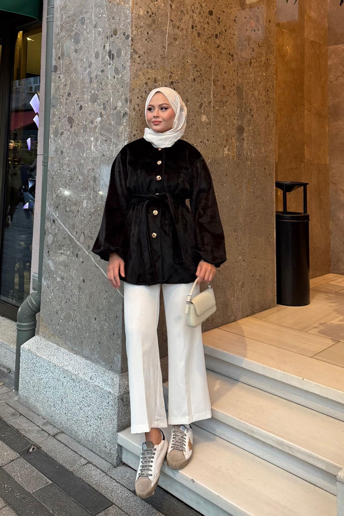 Beli Lastikli Tüylü Ceket Siyah