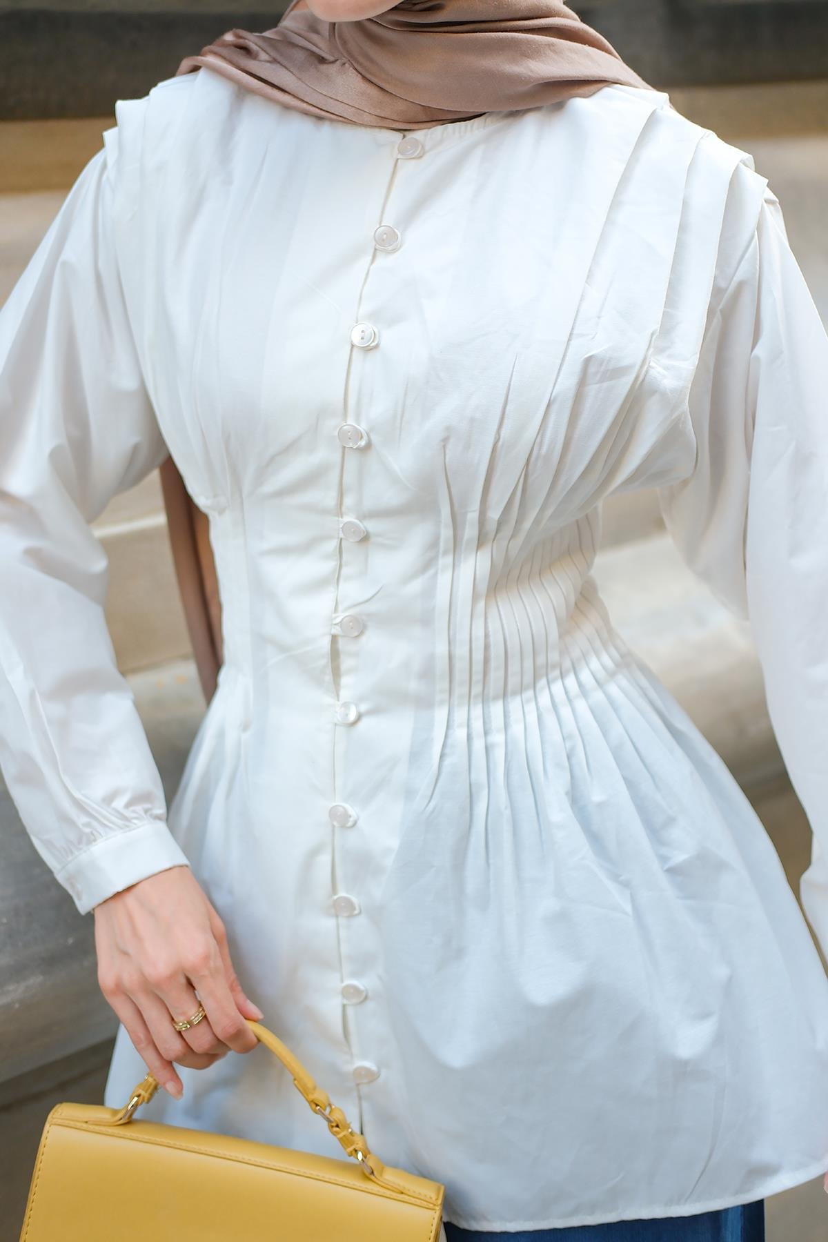 Beli Nervurlu Poplin Gömlek Beyaz