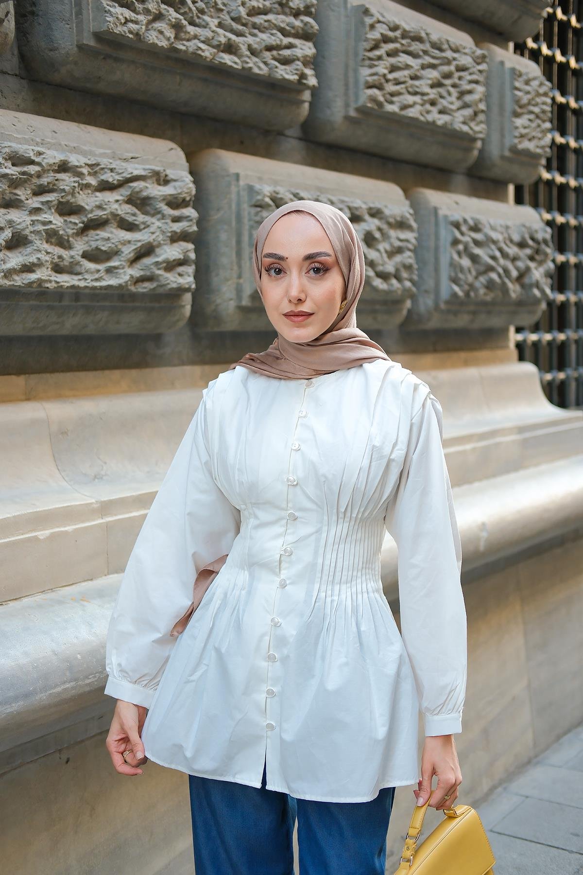 Beli Nervurlu Poplin Gömlek Beyaz