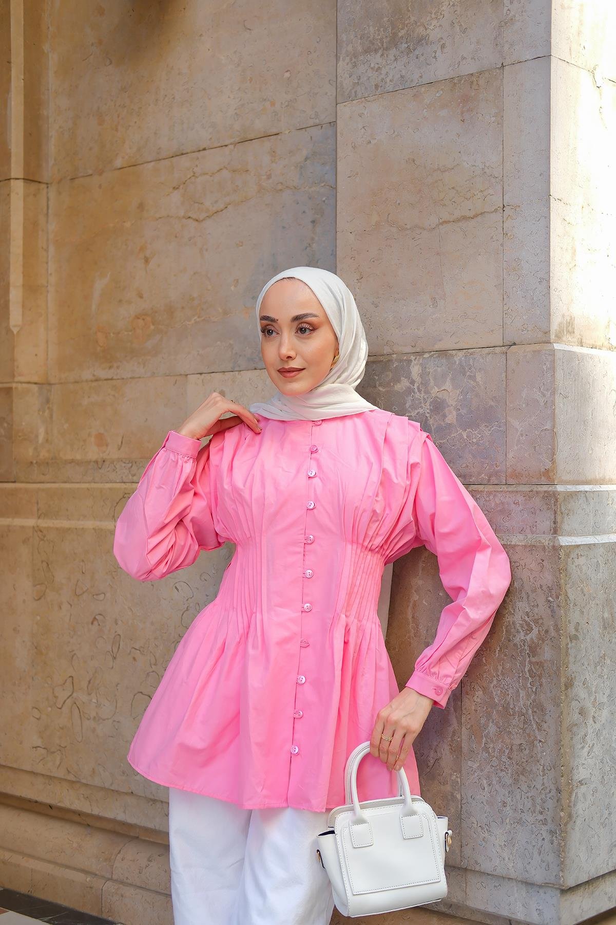 Beli Nervurlu Poplin Gömlek Pembe