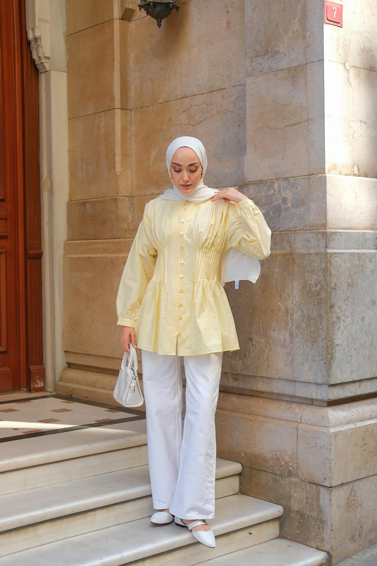 Beli Nervurlu Poplin Gömlek Sarı