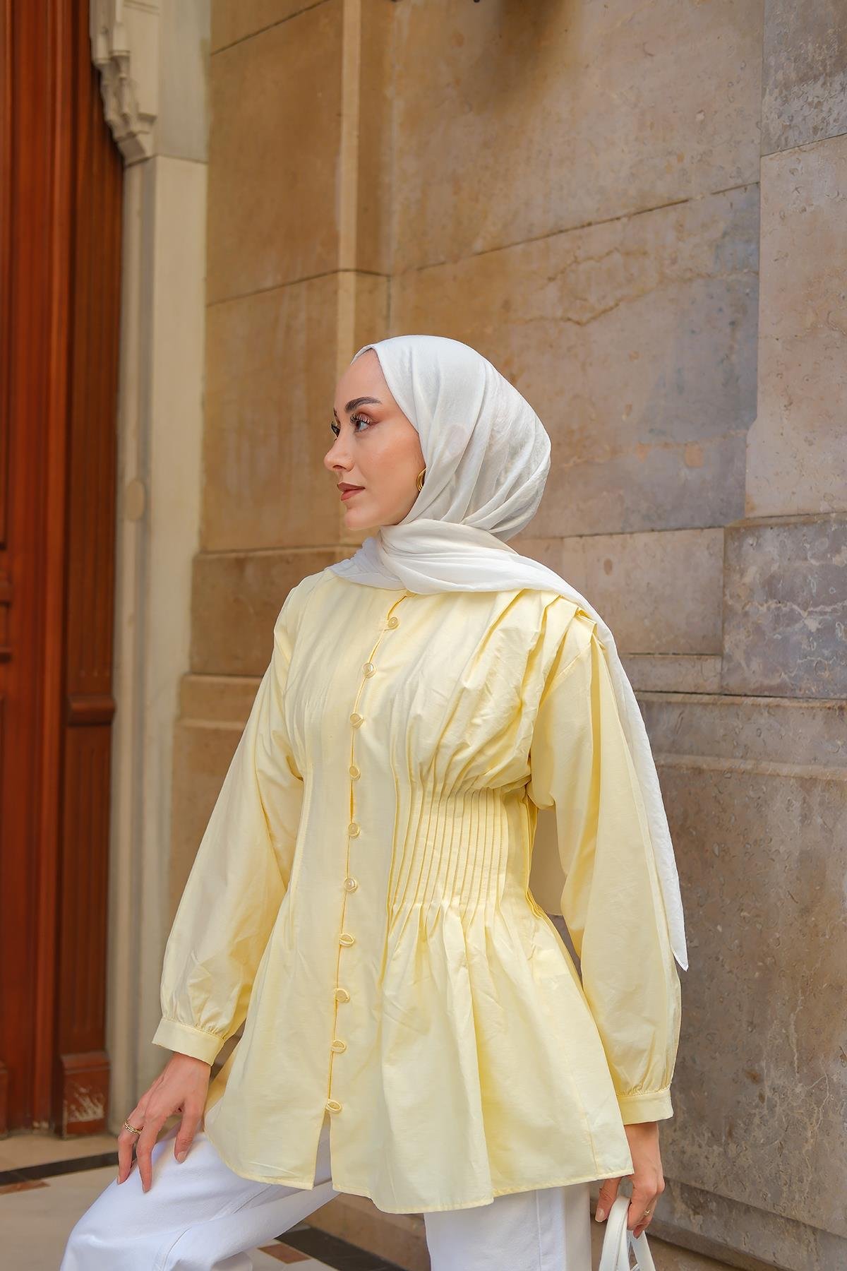 Beli Nervurlu Poplin Gömlek Sarı