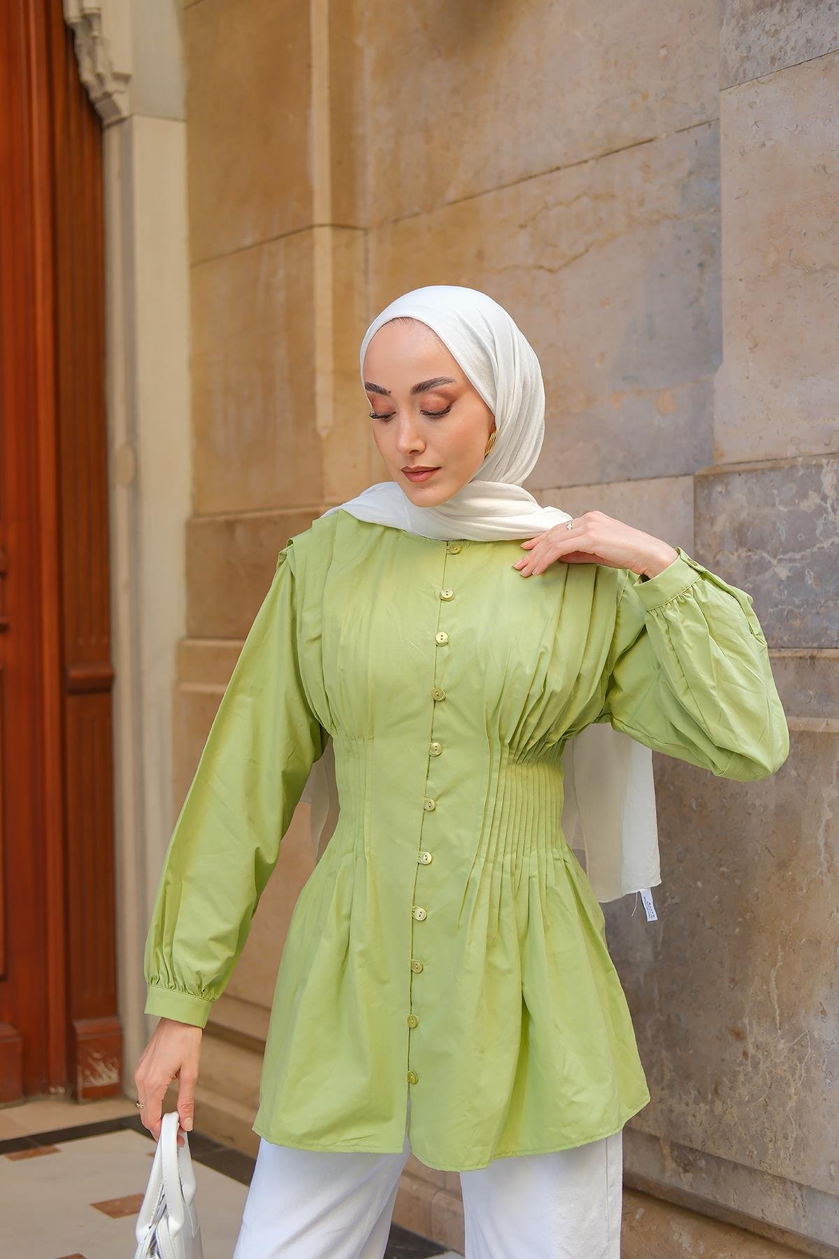 Beli Nervurlu Poplin Gömlek Yeşil