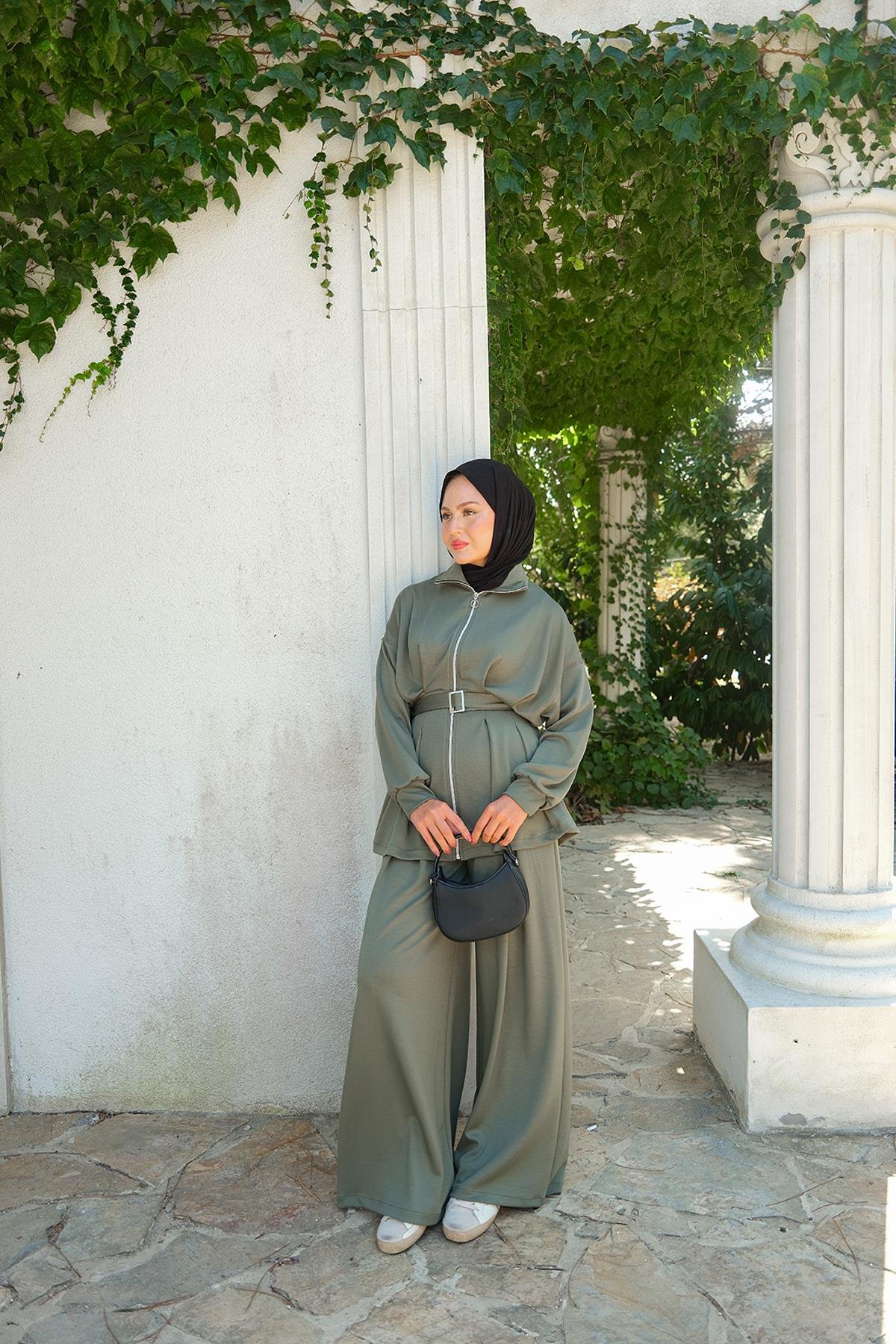 Beli Pile Detaylı Takım Yeşil