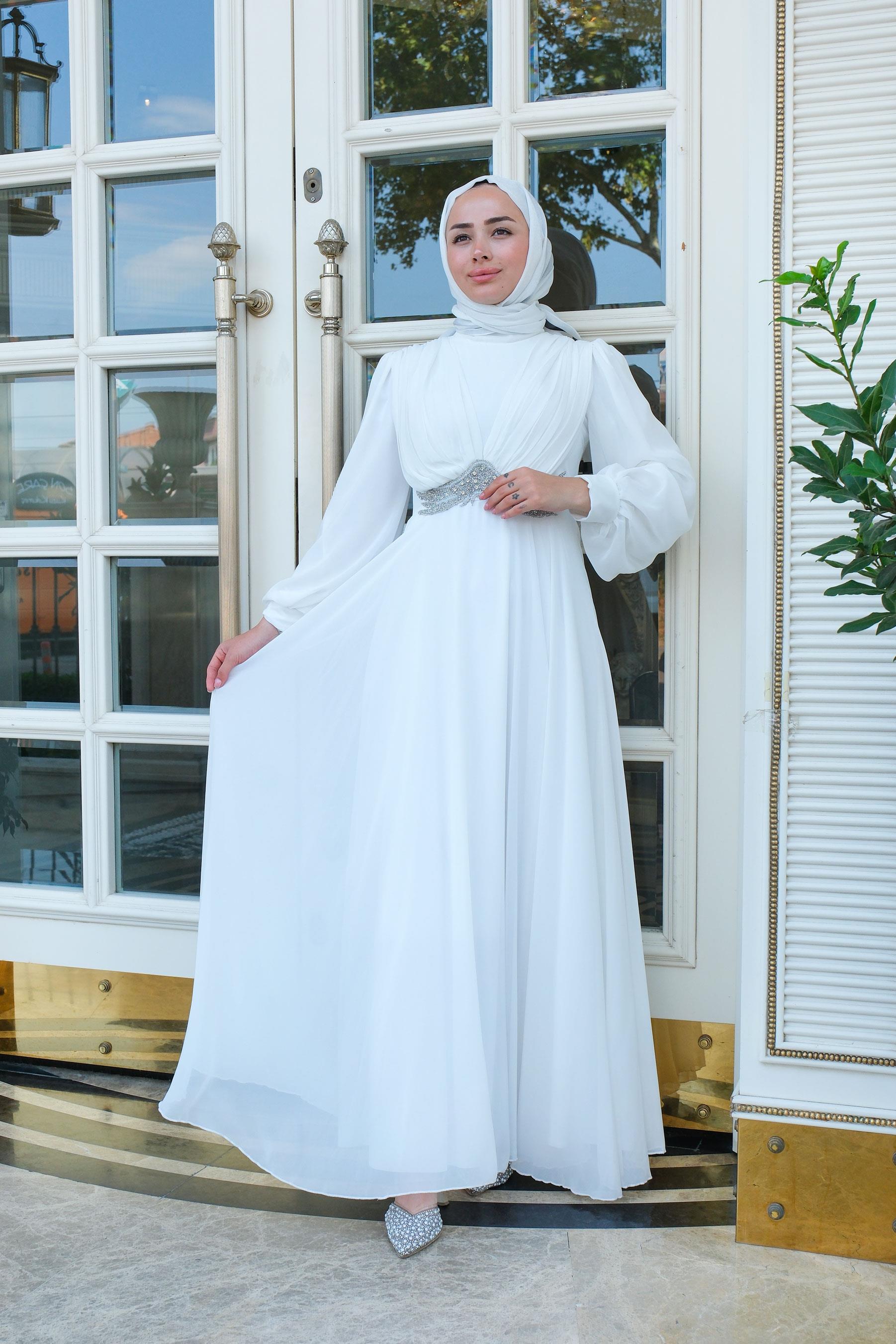 Beli Taş Detay Abiye Beyaz