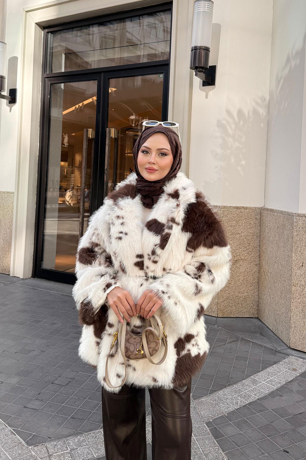 Benek Desenli Kürk Kaban Kahverengi