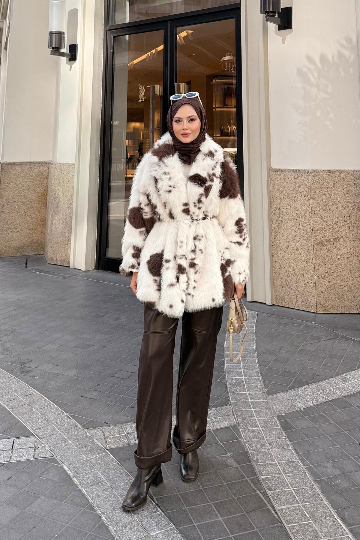 Benek Desenli Kürk Kaban Kahverengi