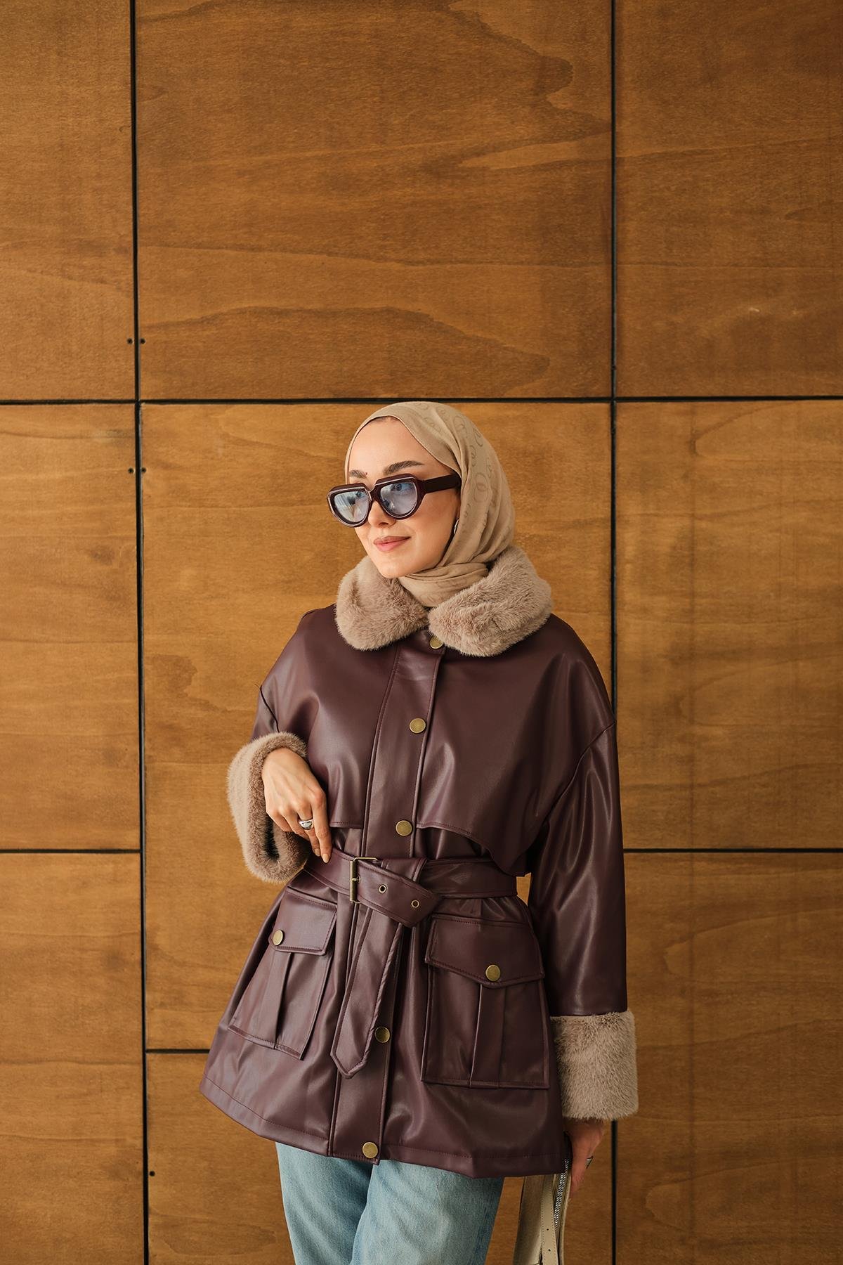 Bilek Ve Yaka Kürklü Deri Ceket Bordo