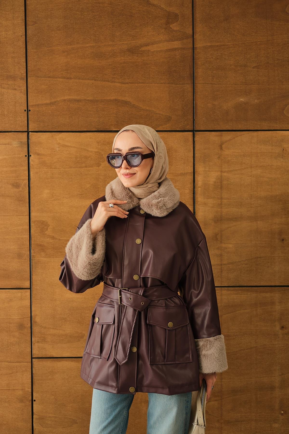 Bilek Ve Yaka Kürklü Deri Ceket Bordo