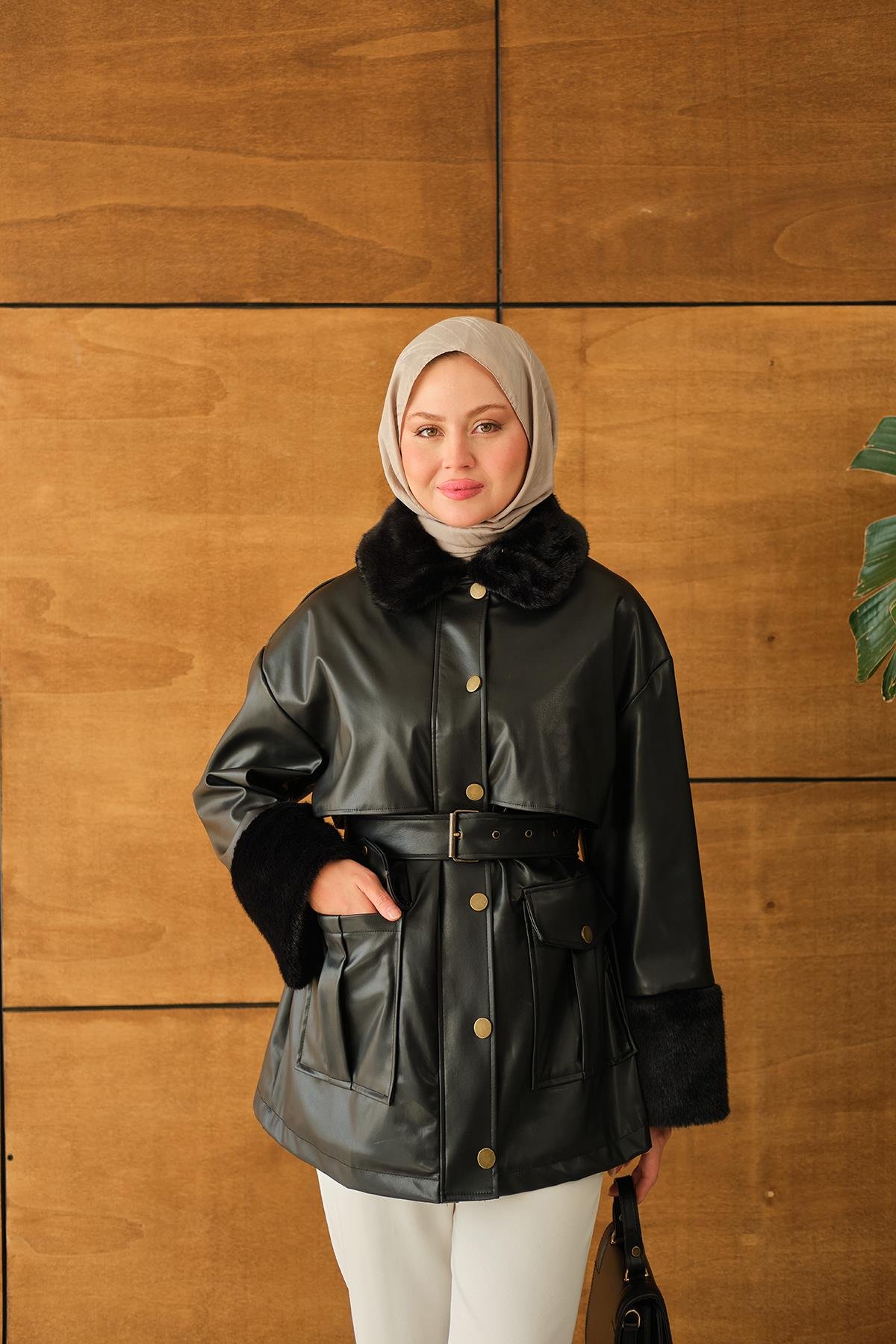 Bilek Ve Yaka Kürklü Deri Ceket Siyah