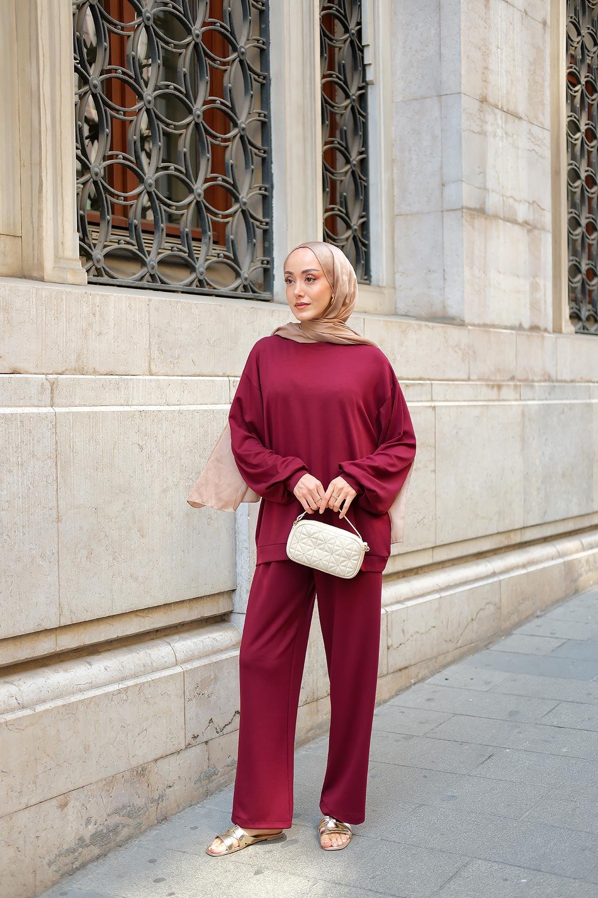 Bisiklet Yaka İkili Takım Bordo