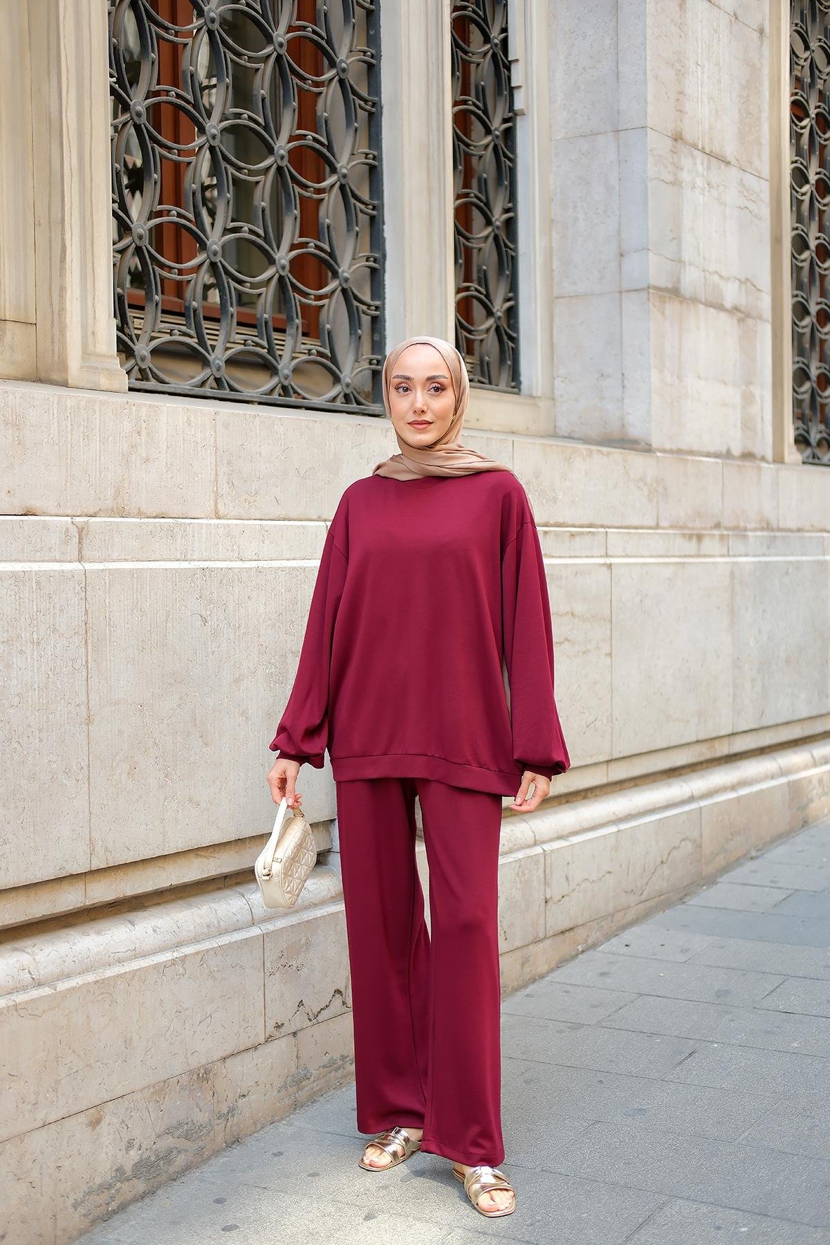 Bisiklet Yaka İkili Takım Bordo