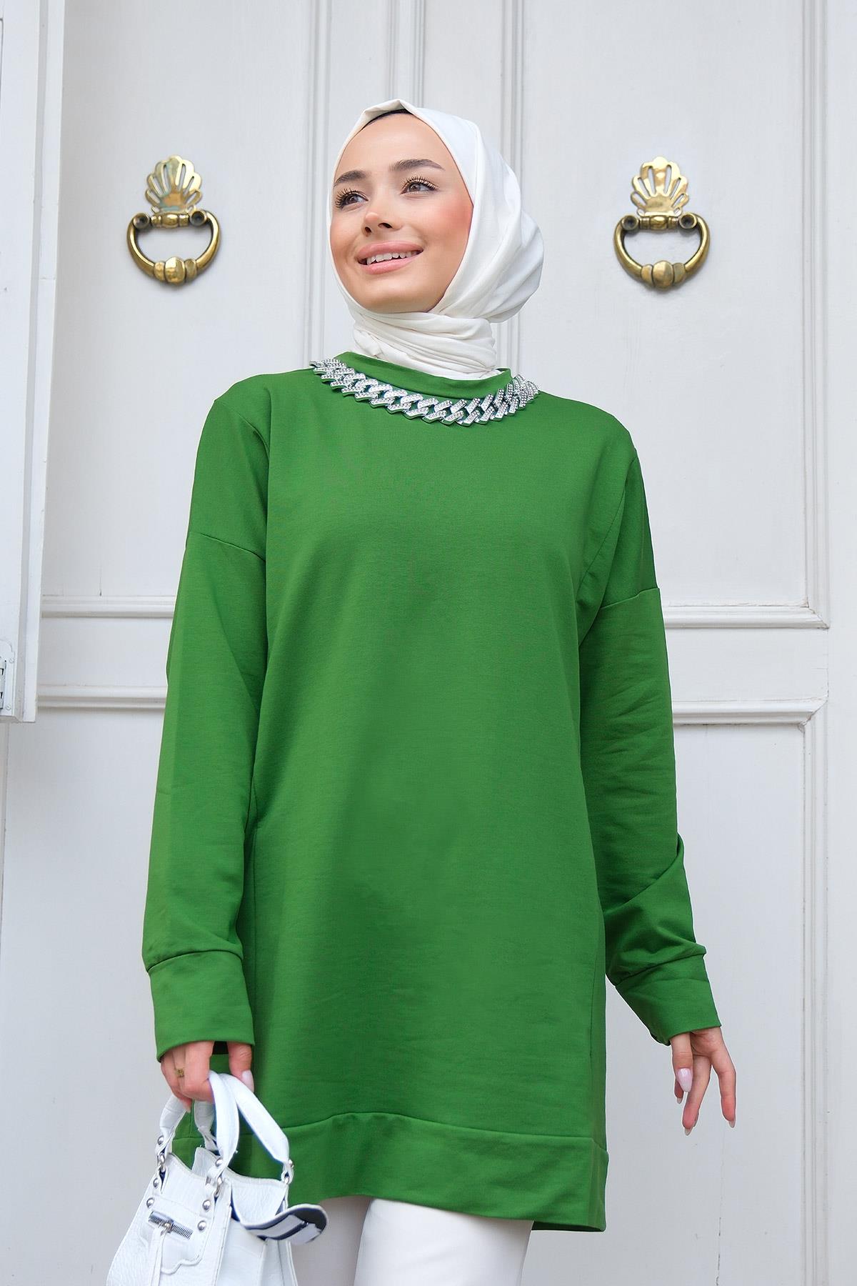 Bisiklet Yaka Kolyeli Tunik Zümrüt Yeşil