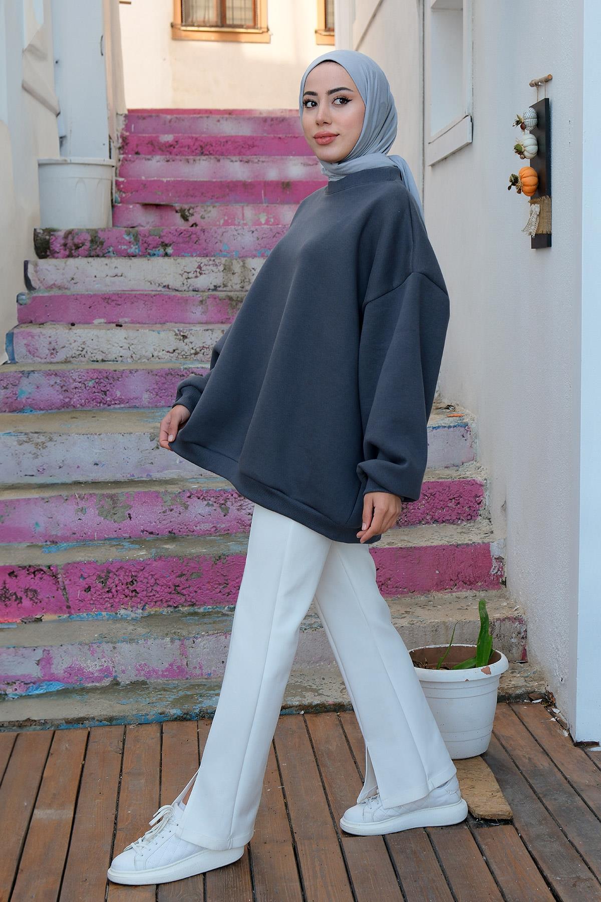 Bisiklet Yaka Oversize Sweat Füme