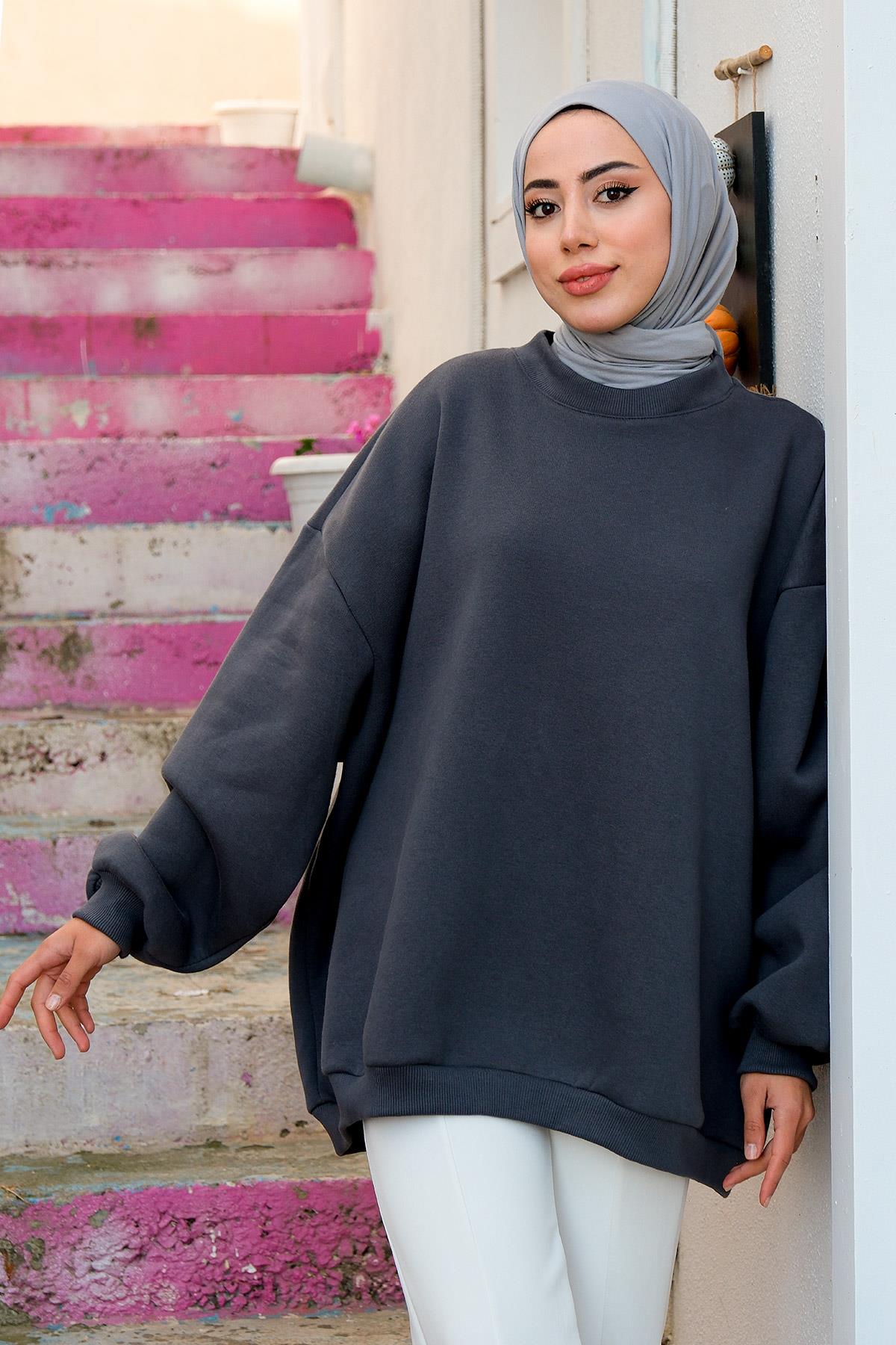 Bisiklet Yaka Oversize Sweat Füme