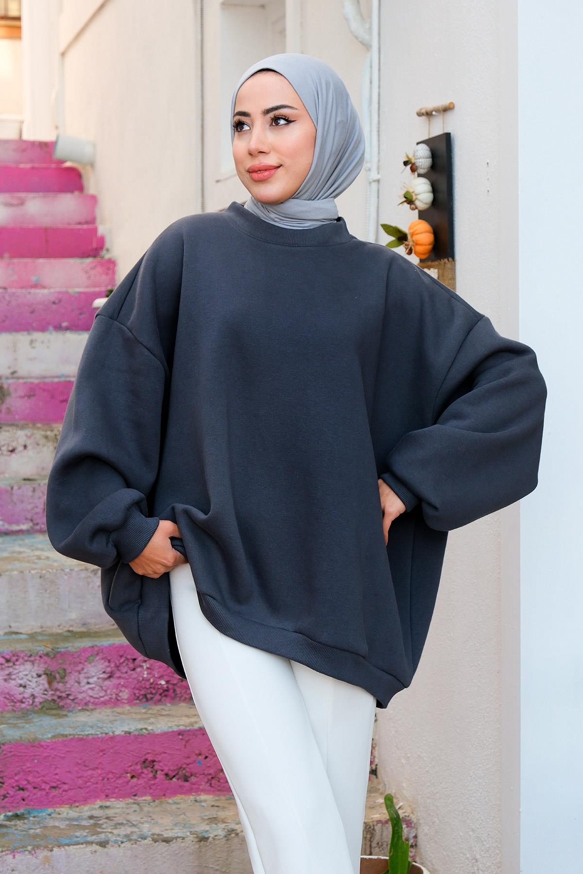 Bisiklet Yaka Oversize Sweat Füme