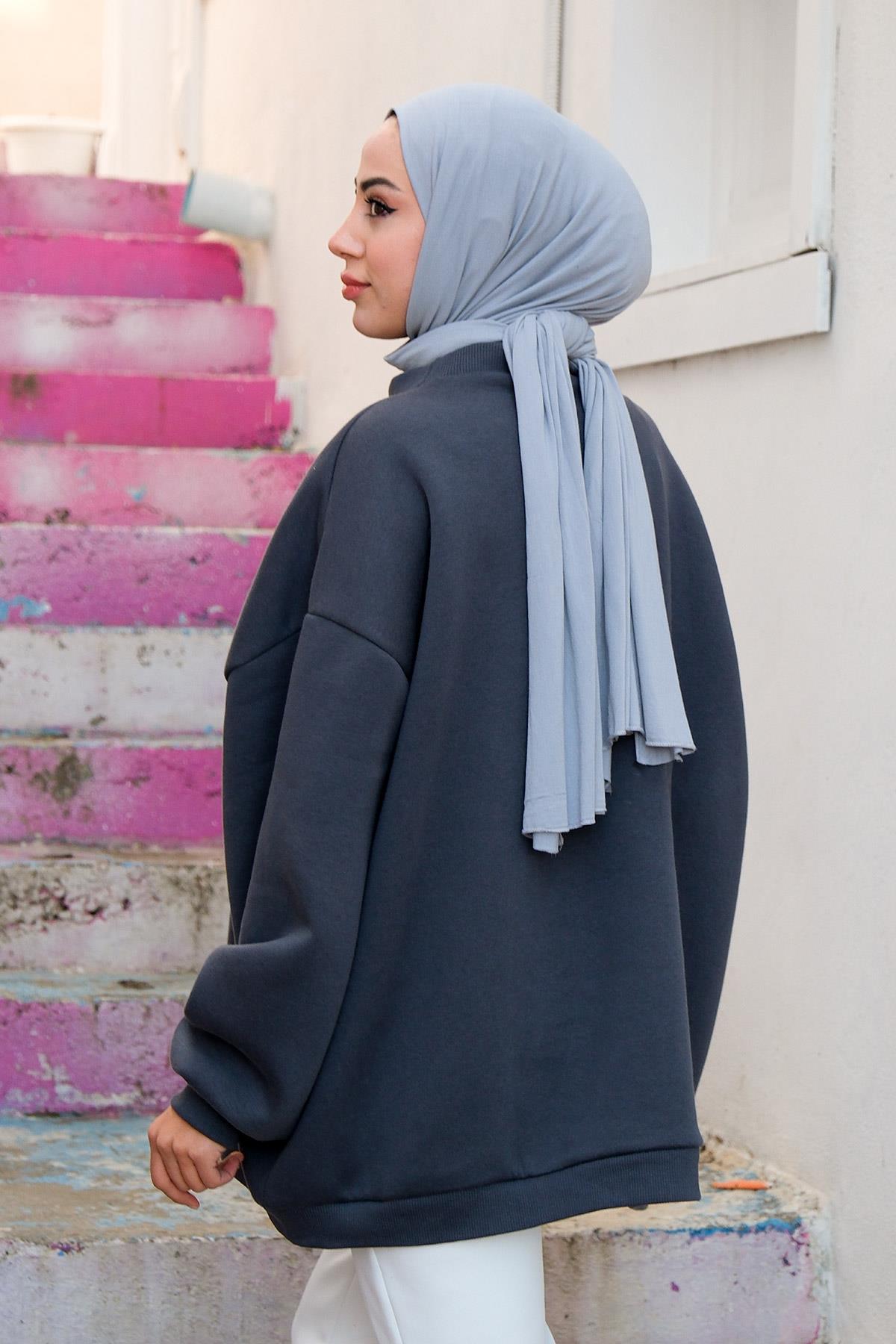 Bisiklet Yaka Oversize Sweat Füme