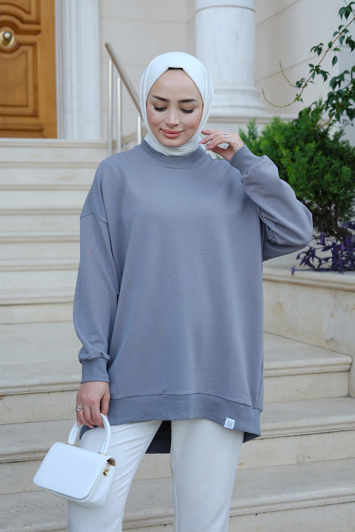 Bisiklet Yaka Oversize Sweat Gri
